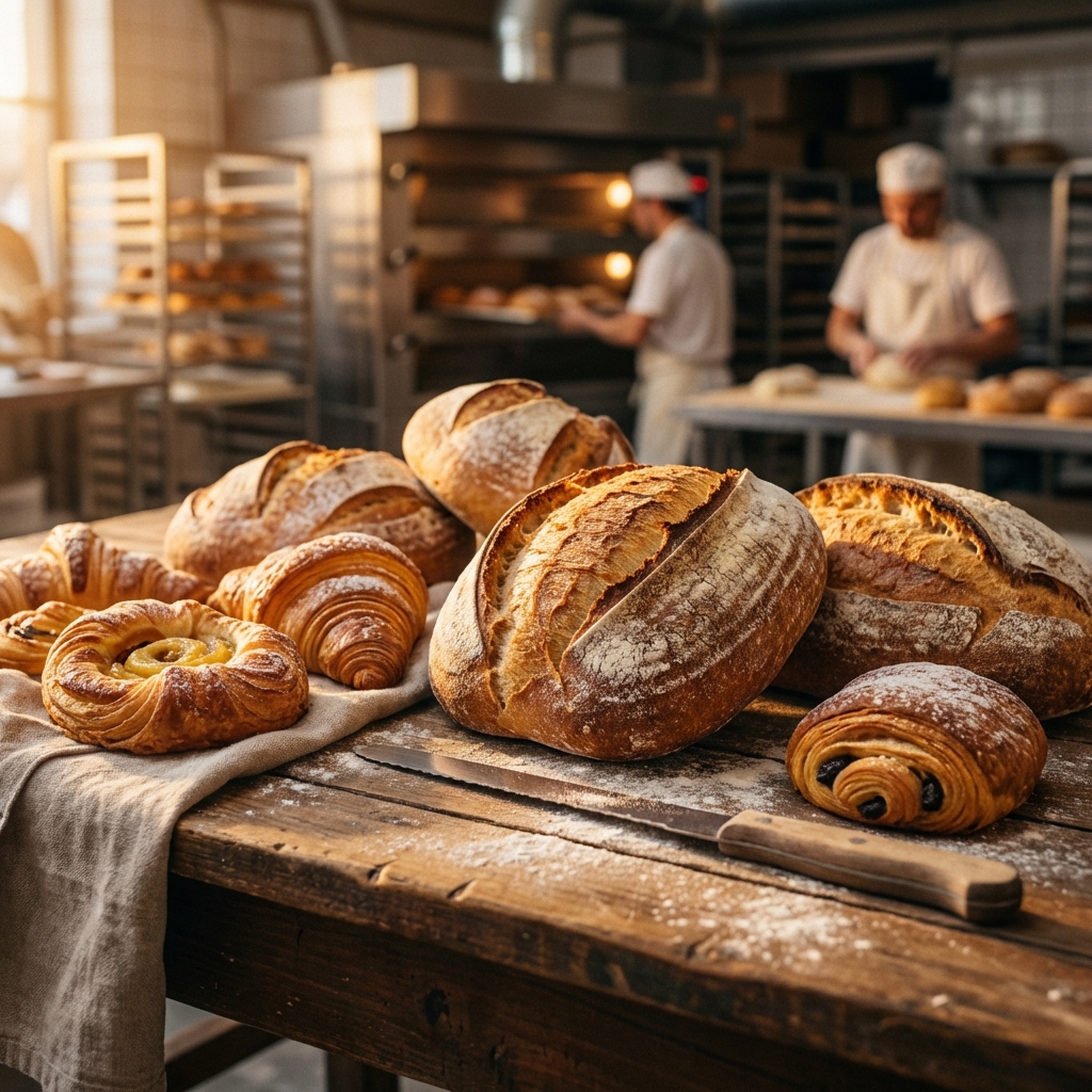 Pan de masa madre rústico sobre mesa de madera